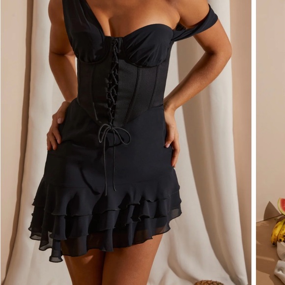 Oh Polly Asymmetric Corset Frill Mini Dress in Black - Picture 4 of 15